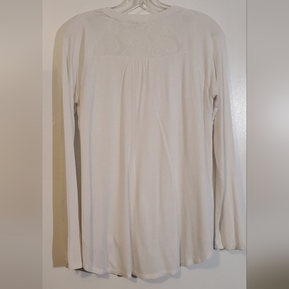 Mystree Size Large White Paisley Button Down Longsleeve with Shoulder Ruching - Picture 2 of 8